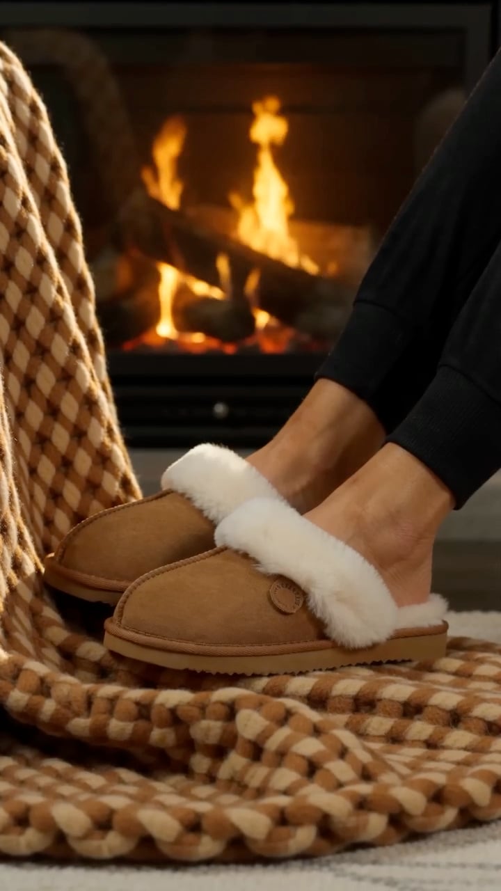 Model wearing shearling slippers beside a fireplace