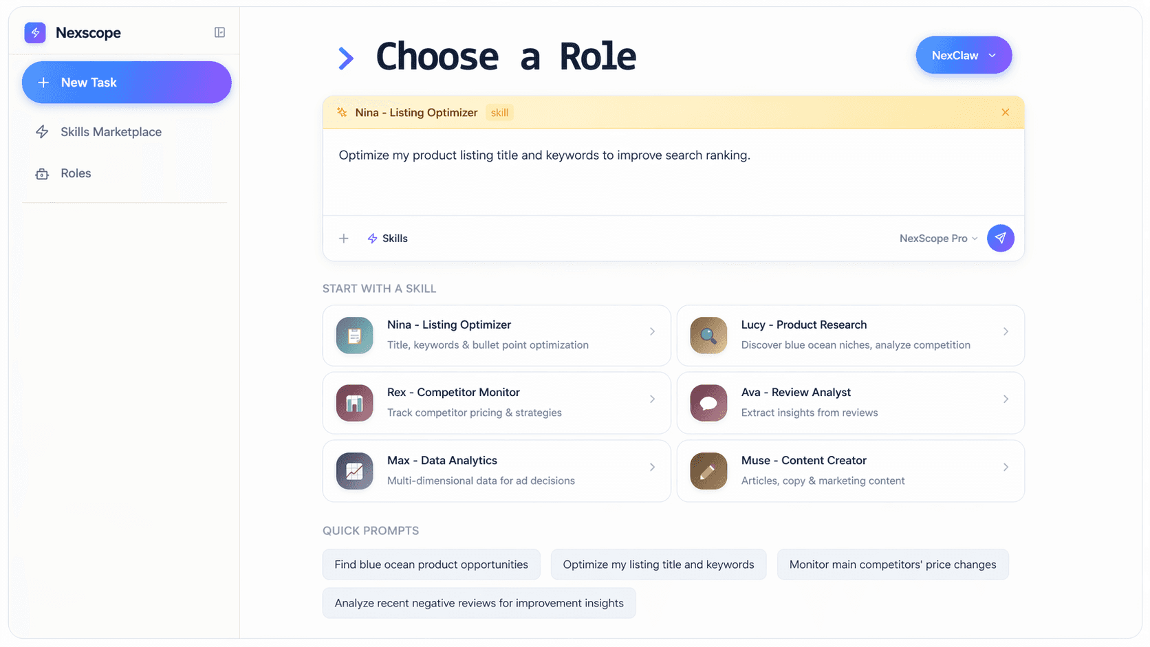Nexscope Product Demo — AI agent researching products in real time