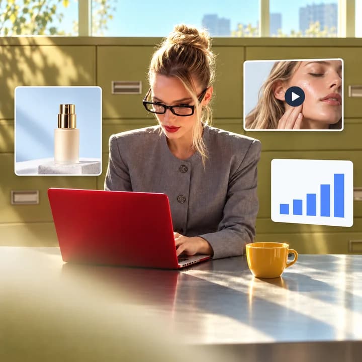 Ecommerce seller at a red laptop in a sunlit studio with product, data and video previews