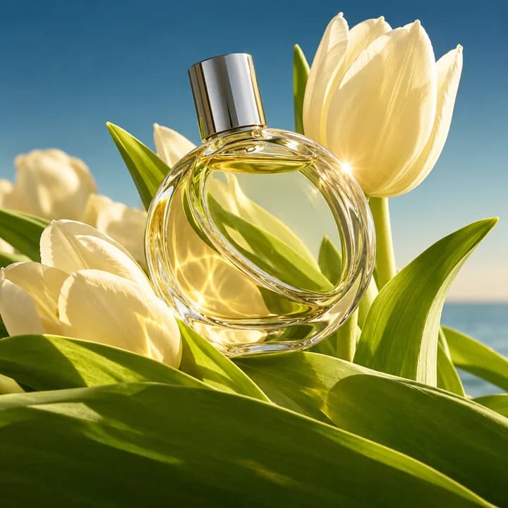 AI-generated perfume campaign with ivory tulips and sunlit glass