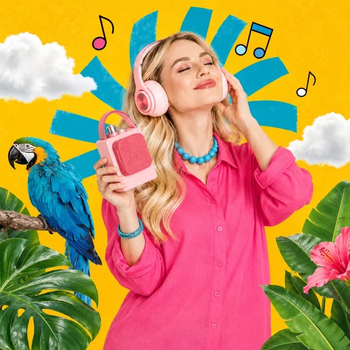 Colorful AI campaign visual with pink headphones and a tropical backdrop