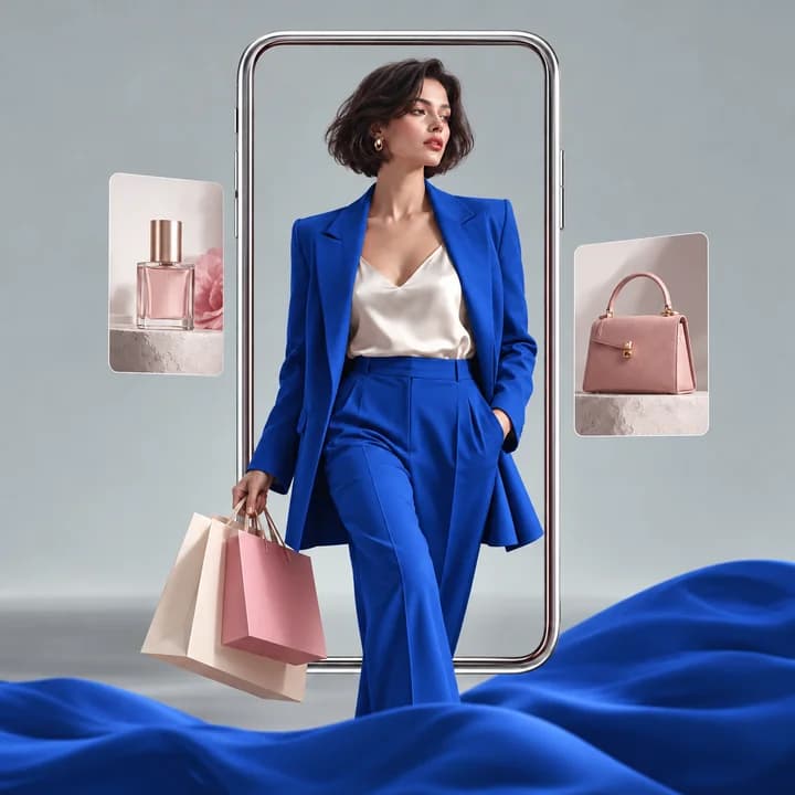 Fashion shopper stepping through a phone with product previews