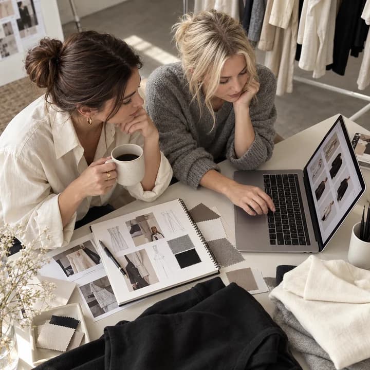 Ecommerce founders planning a fashion collection in their studio