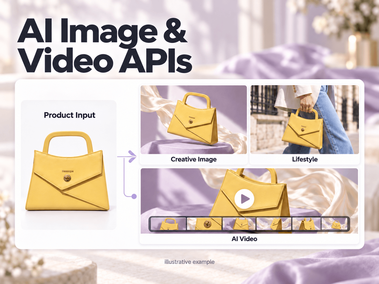 AI image and video APIs transforming a handbag product reference into creative images, lifestyle scenes, and video