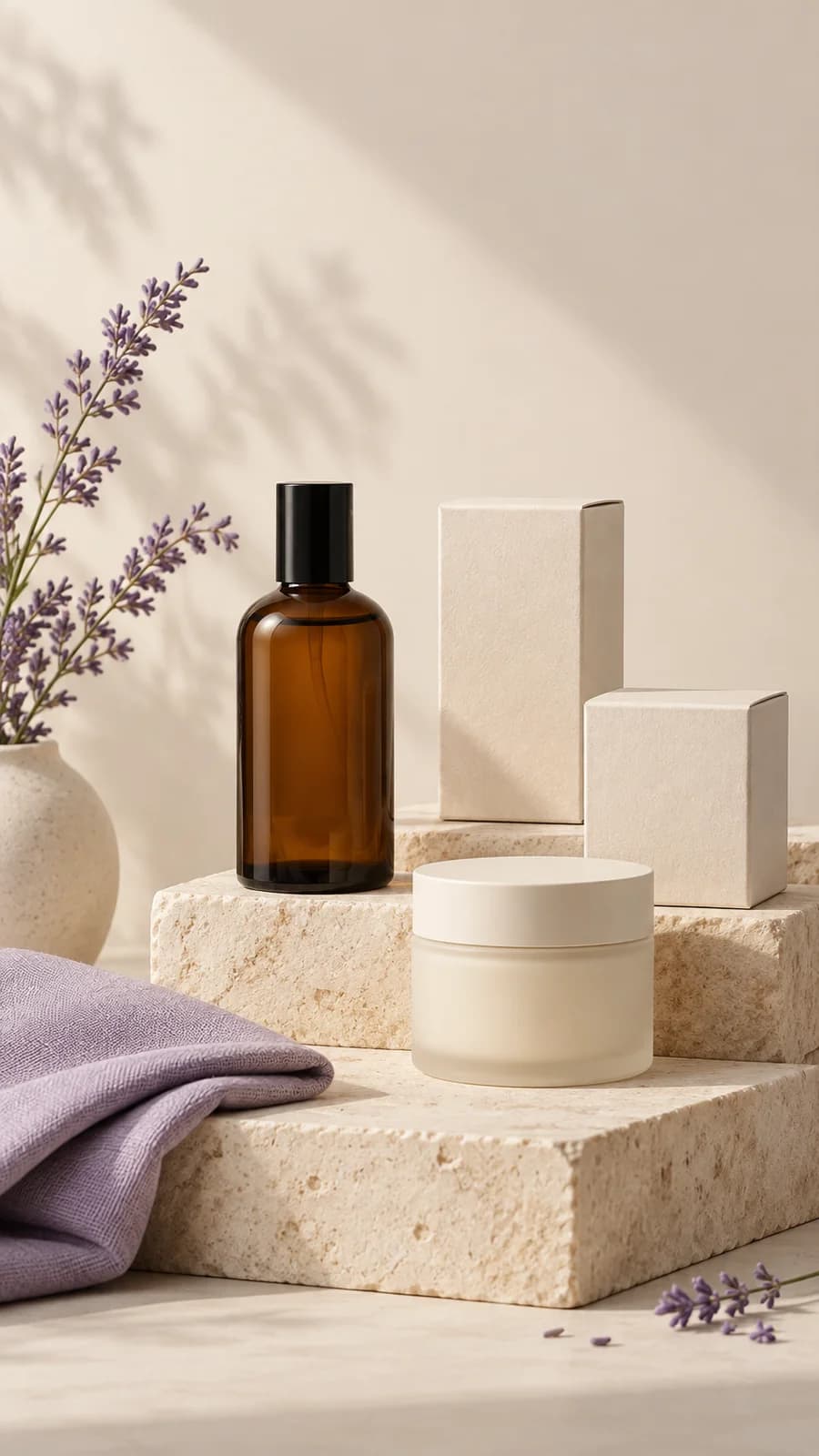 Skincare bottle, cosmetic jar, and product packaging on ivory stone with lavender linen.