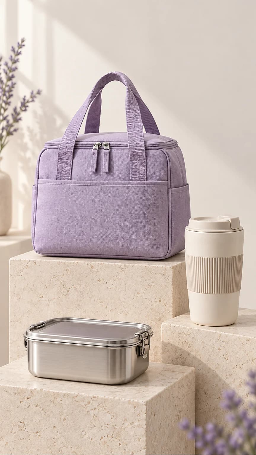 Ecommerce products for SEO keyword research: lavender insulated lunch bag, travel cup and lunch container