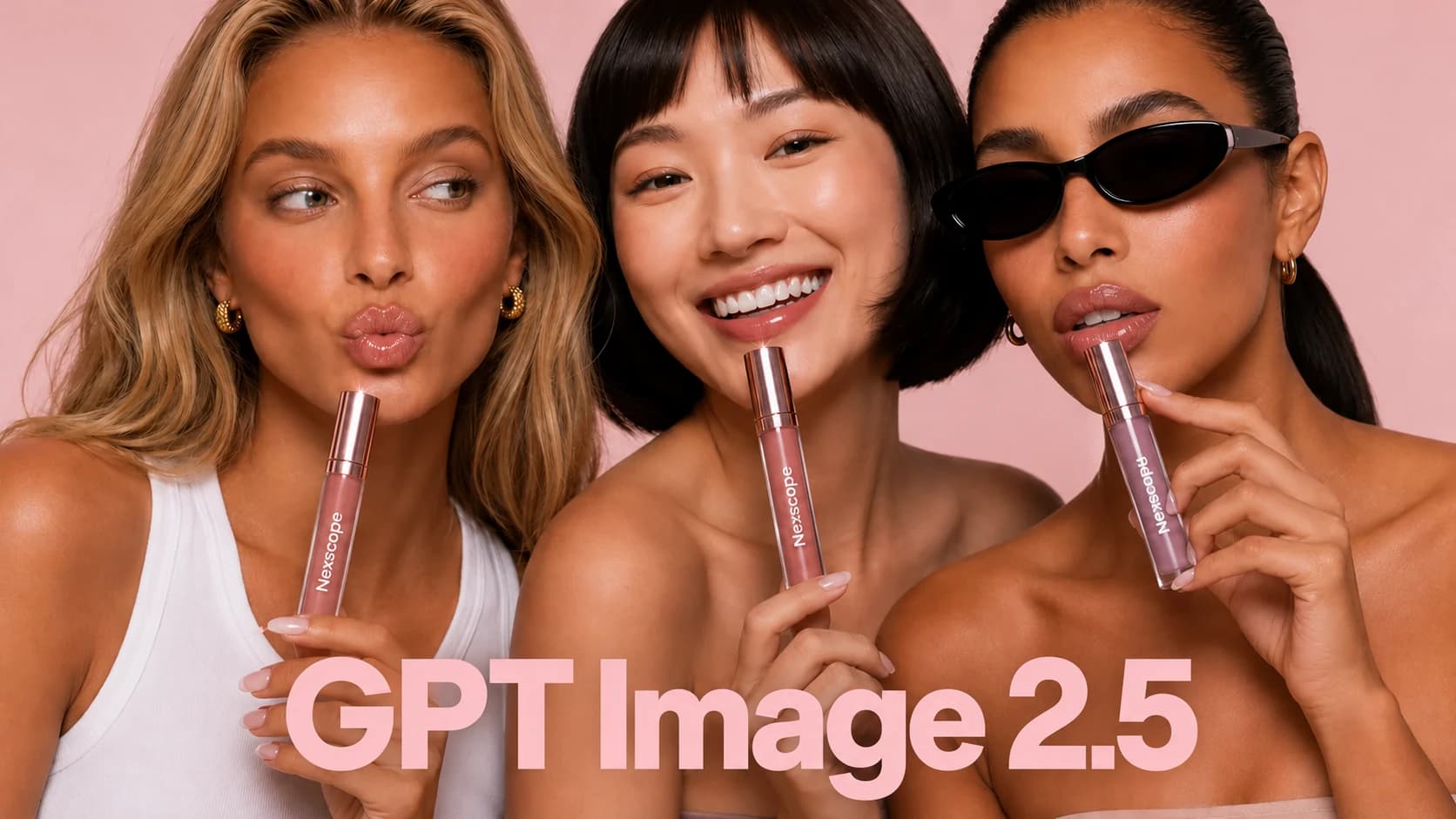 GPT Image 2.5 promotional visual with three models holding lip gloss