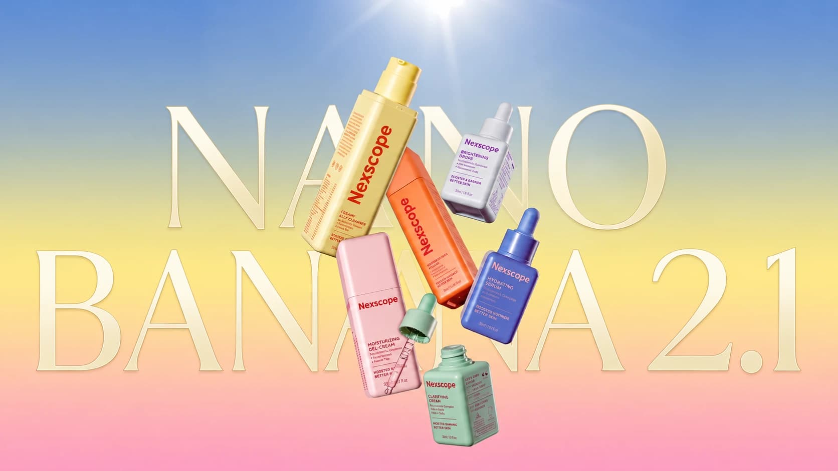 Nano Banana 2.1 promotional visual with floating skincare products