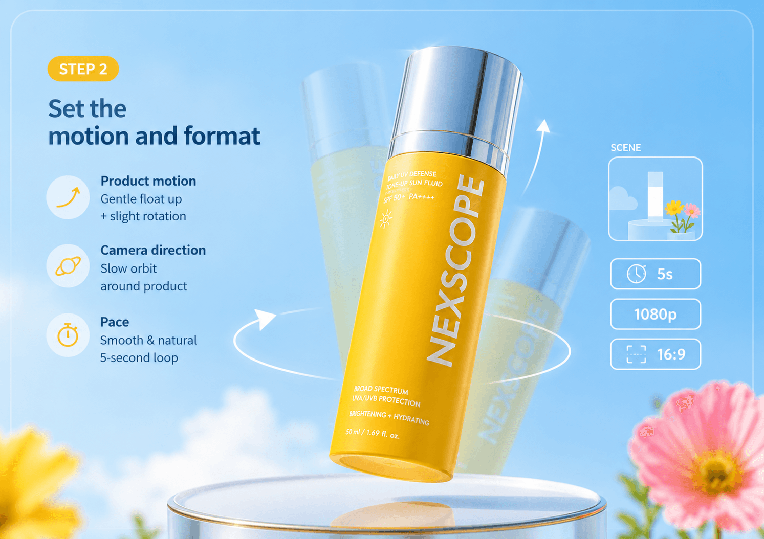 Seedance motion and output settings for the Nexscope sun care bottle