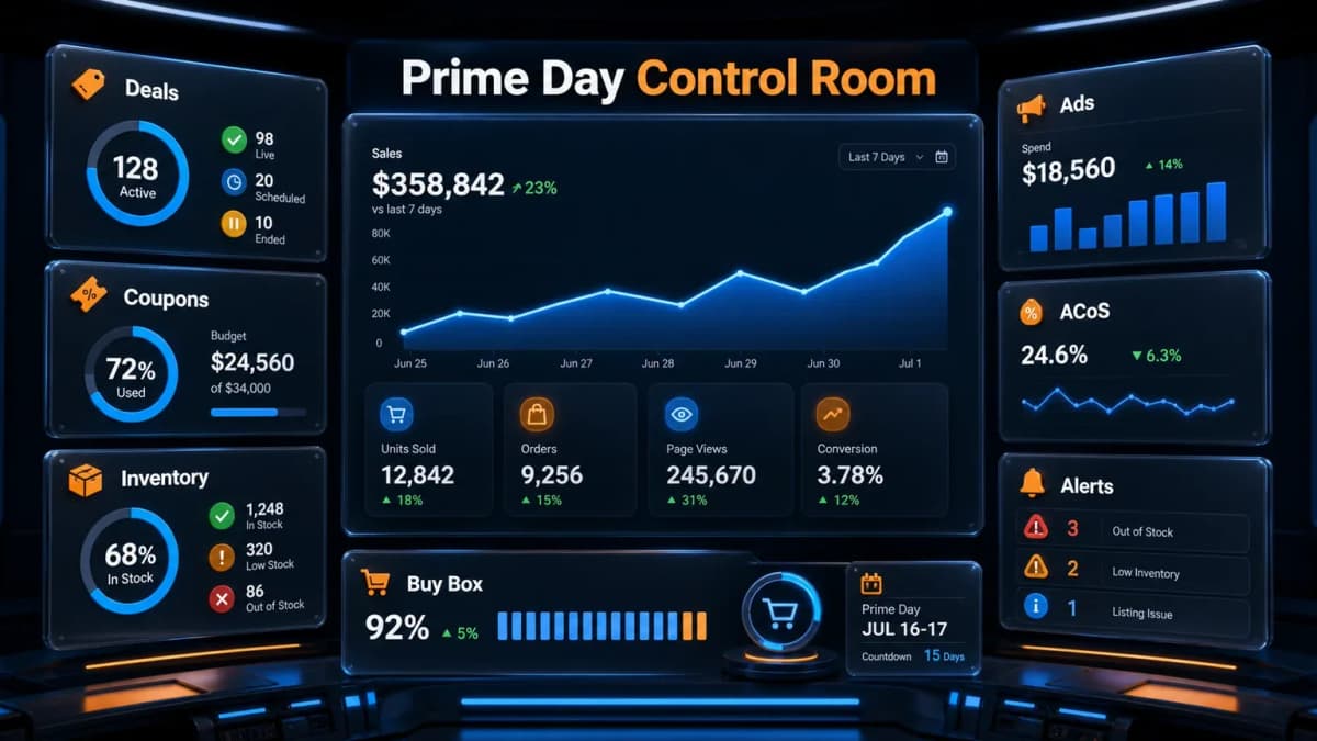 Prime Day seller control room dashboard showing deal status, coupon budget, inventory levels, ad spend, ACoS, and listing alerts