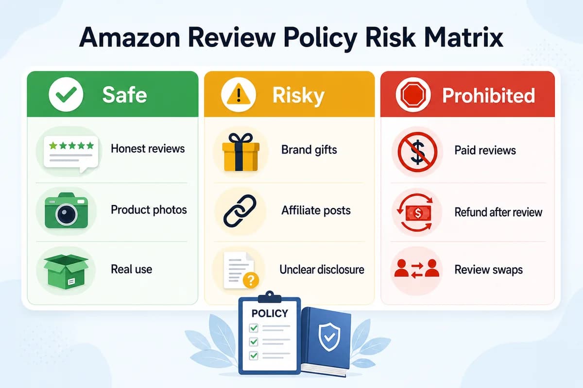 Amazon review policy risk matrix showing safe, risky, and prohibited reviewer actions