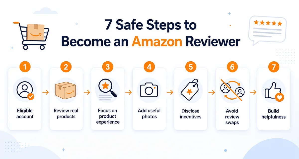 Seven-step Amazon reviewer workflow from account eligibility to helpful product reviews
