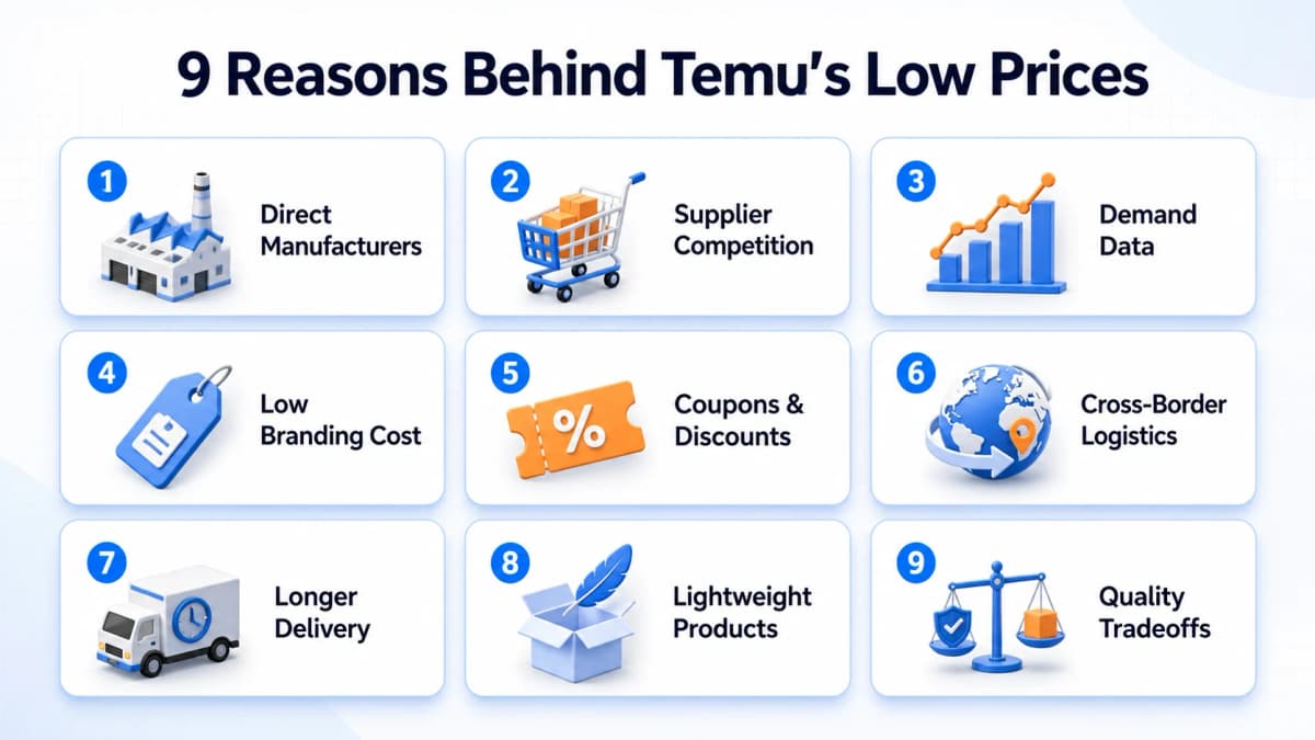 Why is Temu so cheap infographic showing 9 reasons behind Temu's low prices