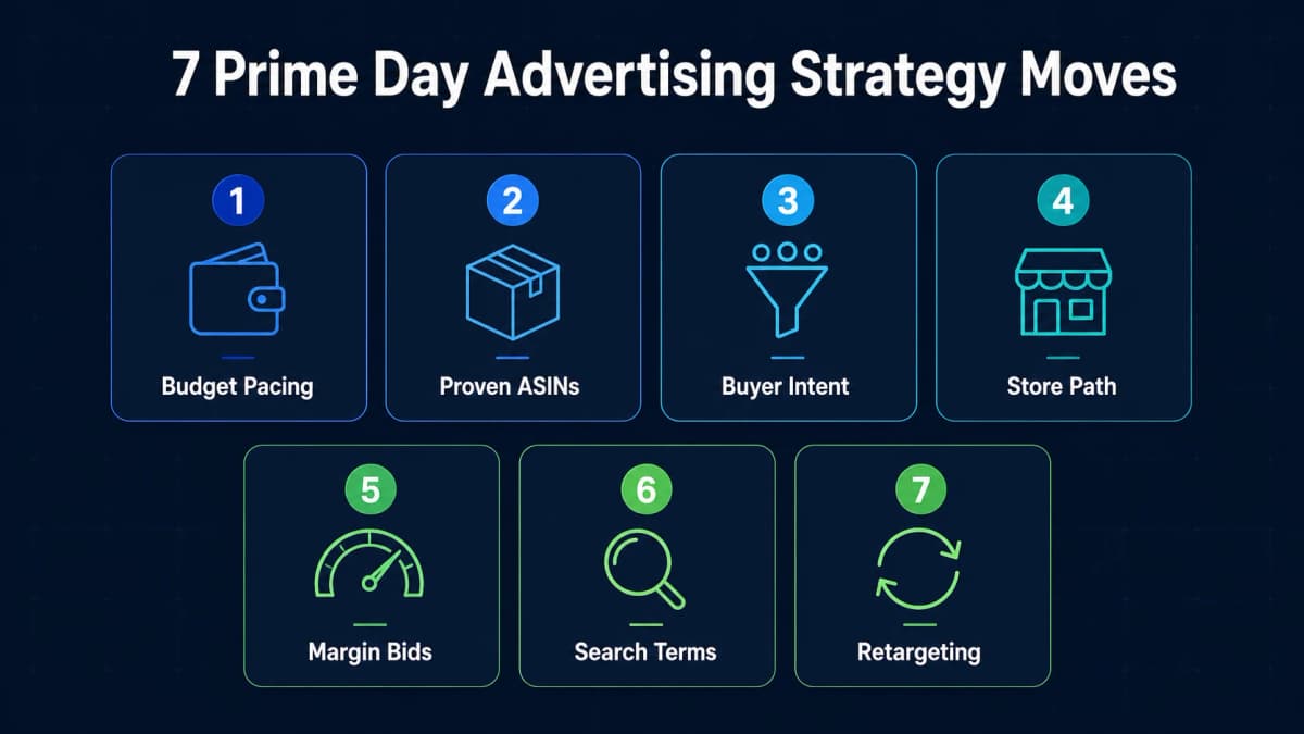 Seven Prime Day advertising strategy moves infographic showing budget segments, proven ASINs, buyer intent, store path, margin bids, search terms, and retargeting