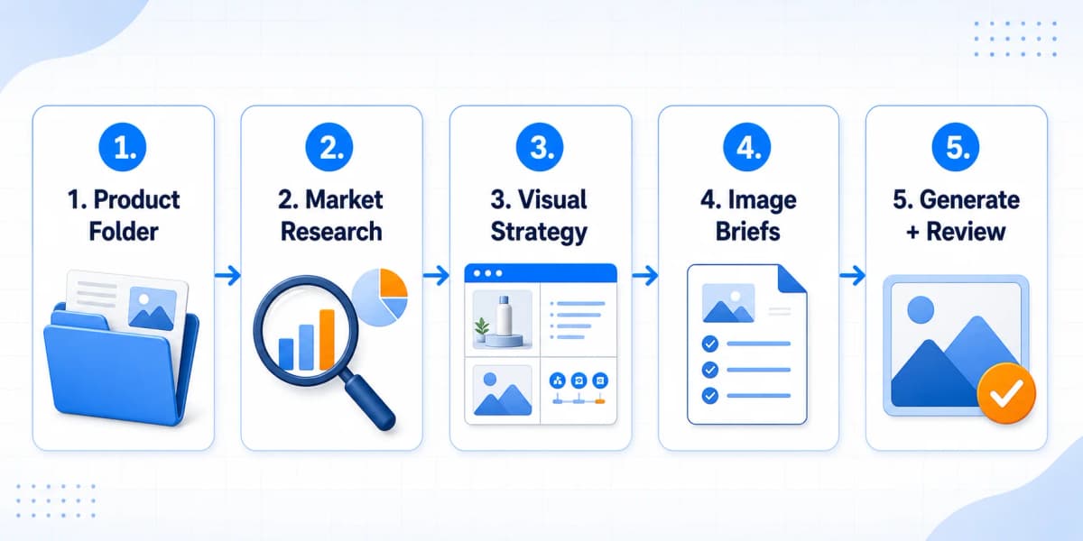 Five-step AI workflow for Amazon product images from product folder to image briefs and final review