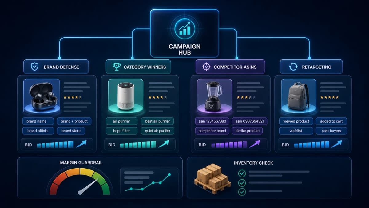 Prime Day ad targeting structure with brand defense, category winners, competitor ASINs, and retargeting