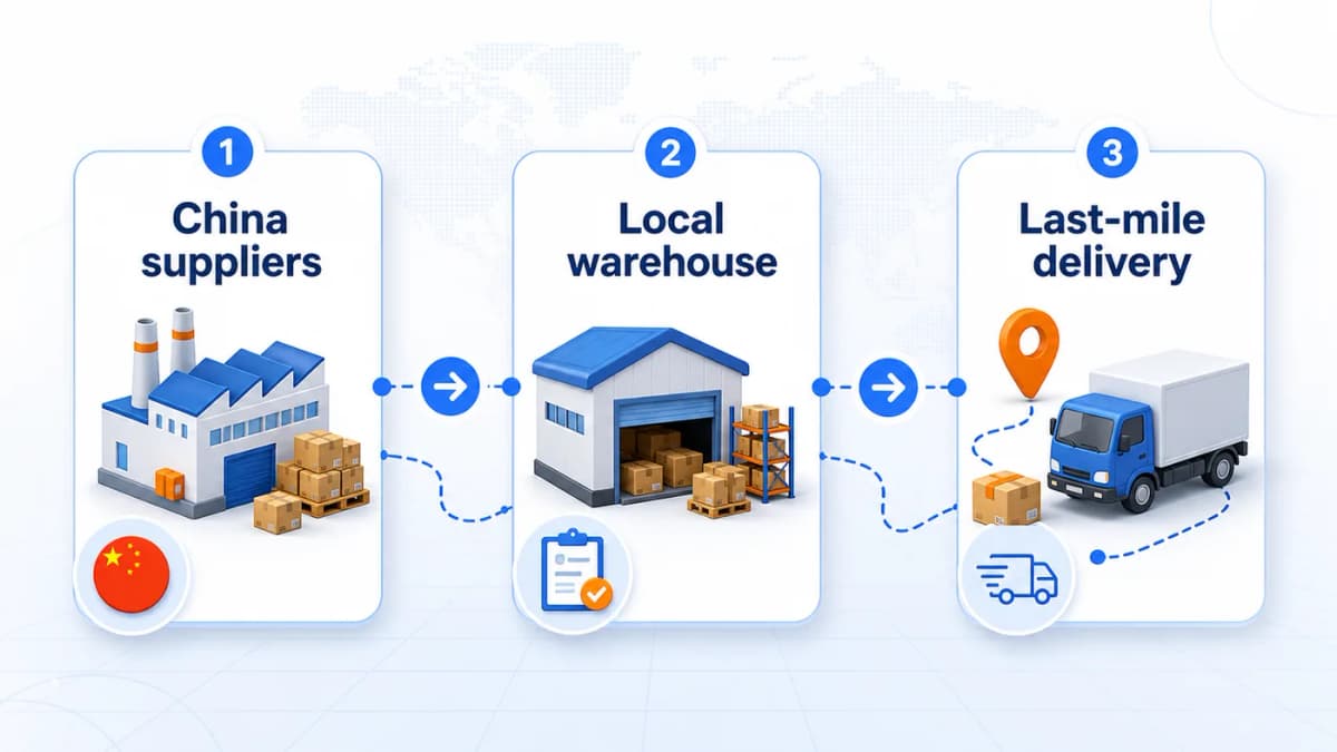 Temu shipping origin flowchart showing China suppliers, local warehouses, and last-mile delivery routes