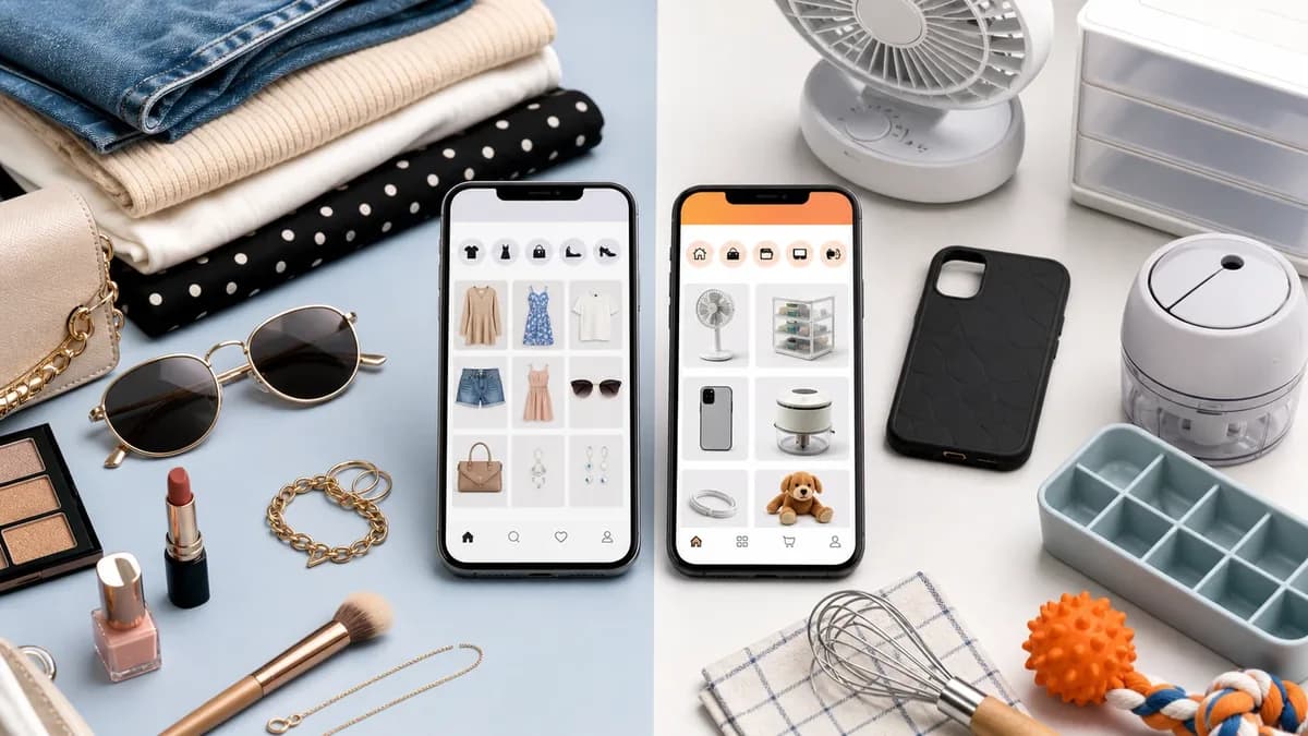 SHEIN vs Temu buyer shopping scene comparing fashion products with home goods and gadgets