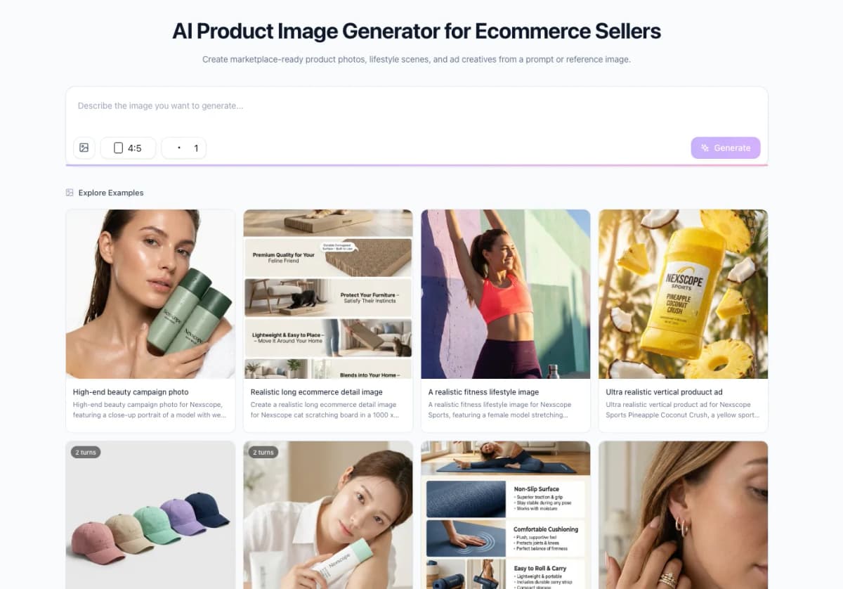 Nexscope AI Product Image Generator interface for ecommerce sellers creating marketplace-ready product photos, lifestyle scenes, and ad creatives