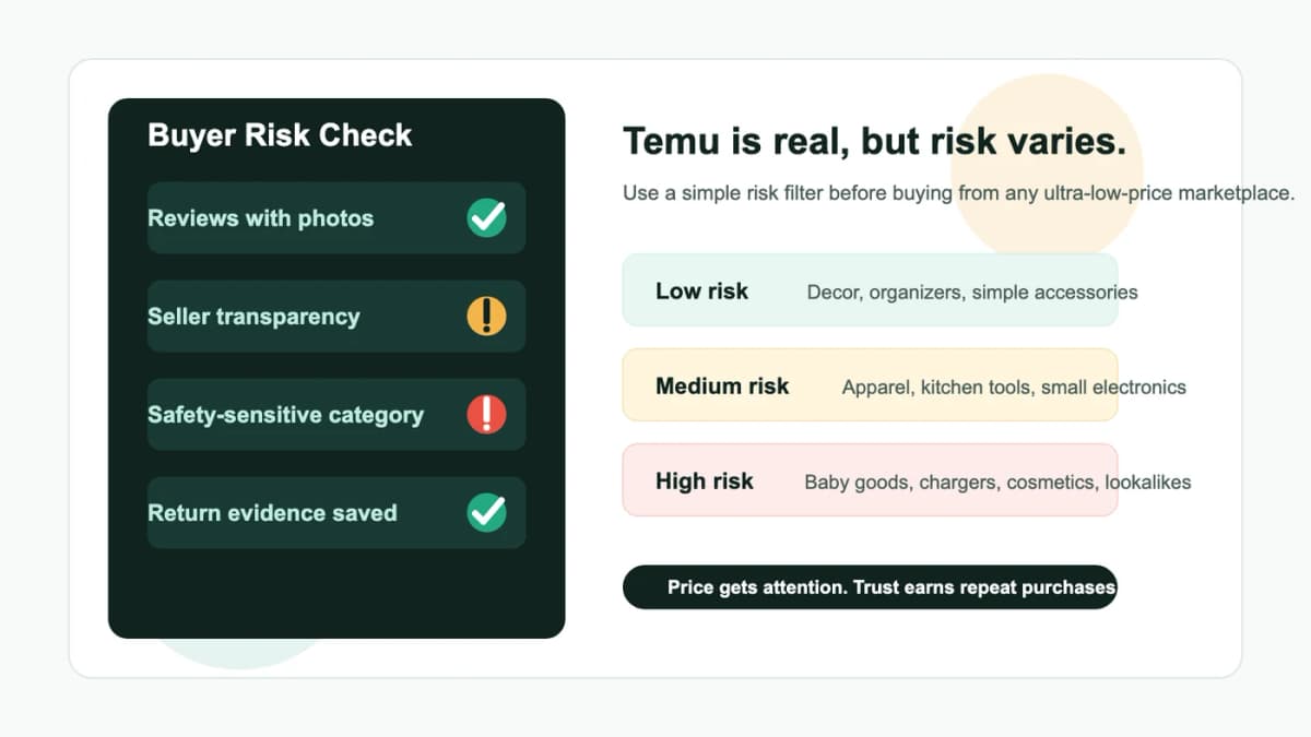 Buyer risk checklist for is temu a scam site searches and low-price marketplace shopping