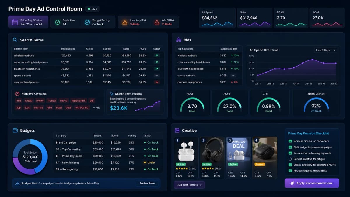Prime Day ad control room dashboard showing search terms, bids, budgets, creative tests, ROAS, ACoS, and decision checklist