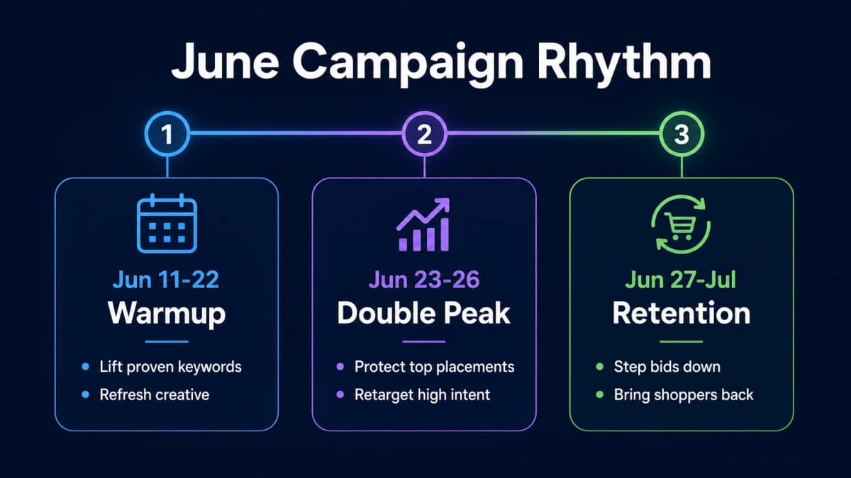 June campaign rhythm timeline showing warmup, double peak, and retention phases for ecommerce sellers