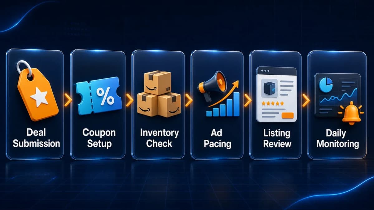 Prime Day promotion checklist flowchart showing deal submission, coupon setup, inventory checks, ad pacing, and daily monitoring