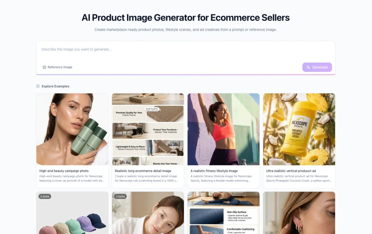 Nexscope AI Product Image Generator for ecommerce sellers with prompt input and product image examples