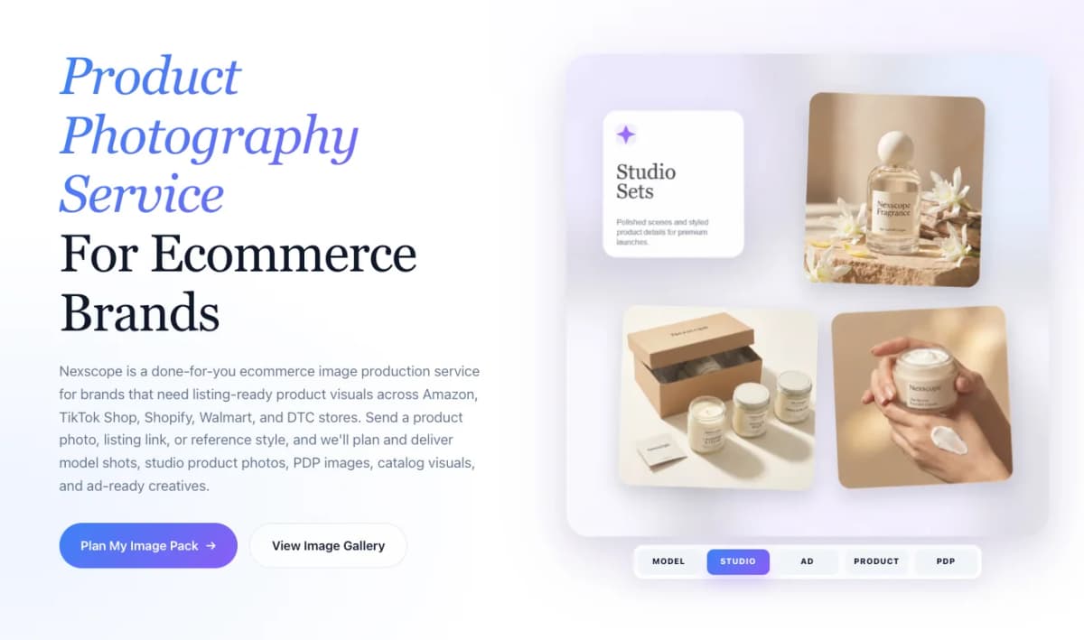 Nexscope Product Photography Service page showing studio product photos and ecommerce image pack options