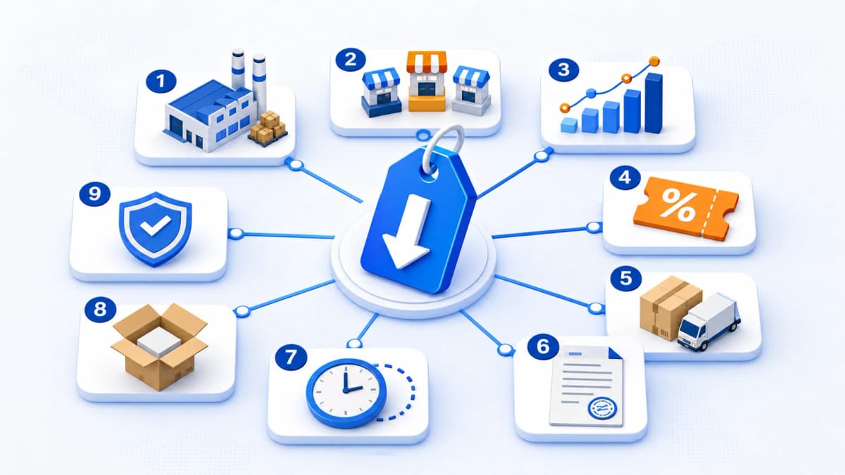 Temu pricing strategy infographic showing sourcing, logistics, data, discounts, and merchant competition