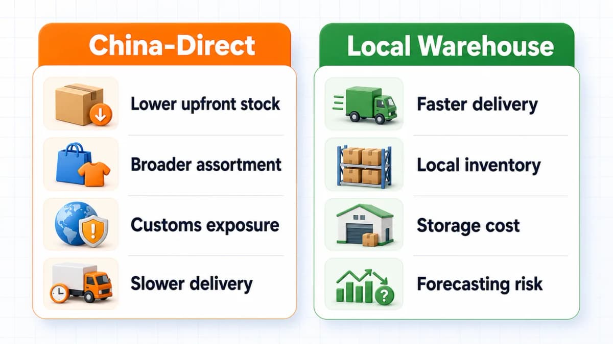 Comparison chart showing Temu China-direct shipping versus local warehouse fulfillment tradeoffs