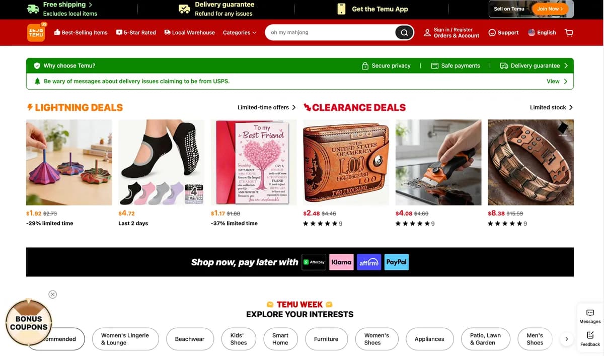 Temu official homepage screenshot showing lightning deals, clearance deals, buyer protection, and search navigation