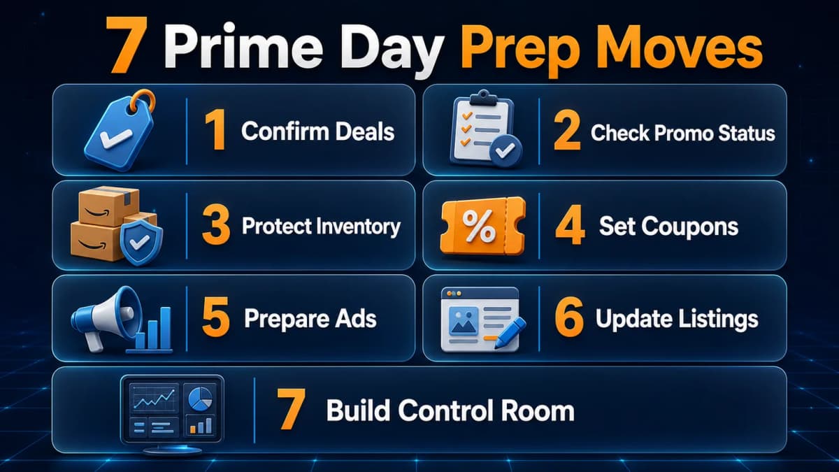 7 Prime Day Prep Moves checklist showing deals, promotion status, inventory, coupons, ads, listings, and control room planning