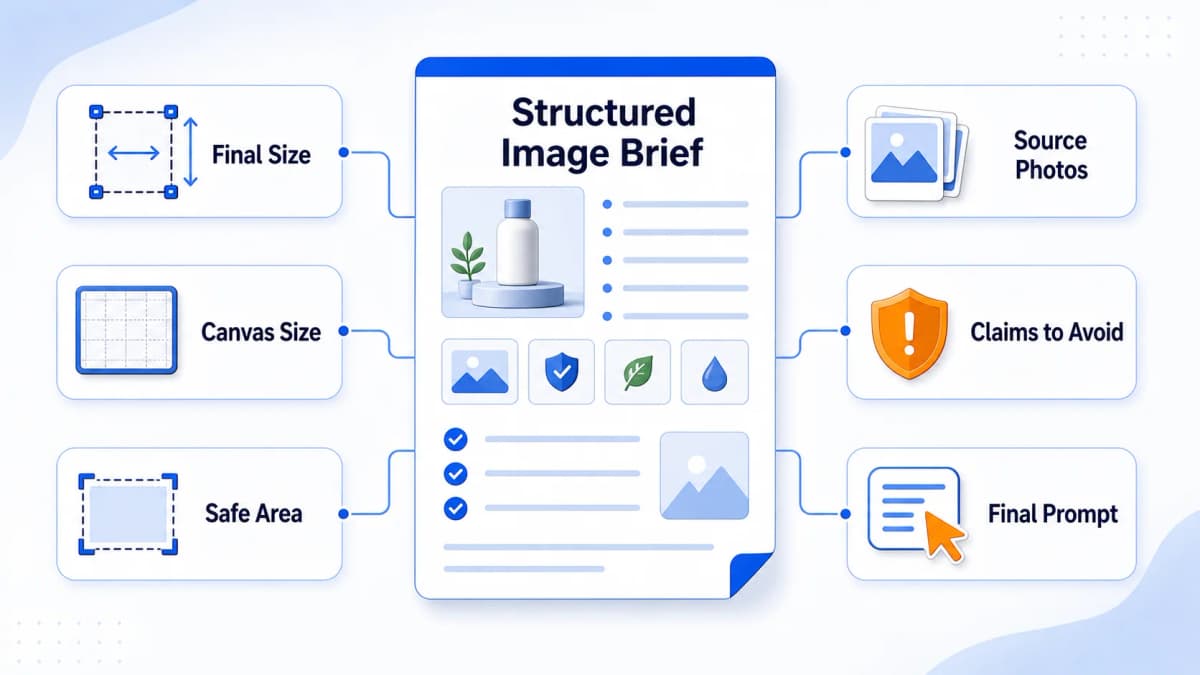 Structured image brief infographic showing final size, canvas size, safe area, source photos, claims, and prompt