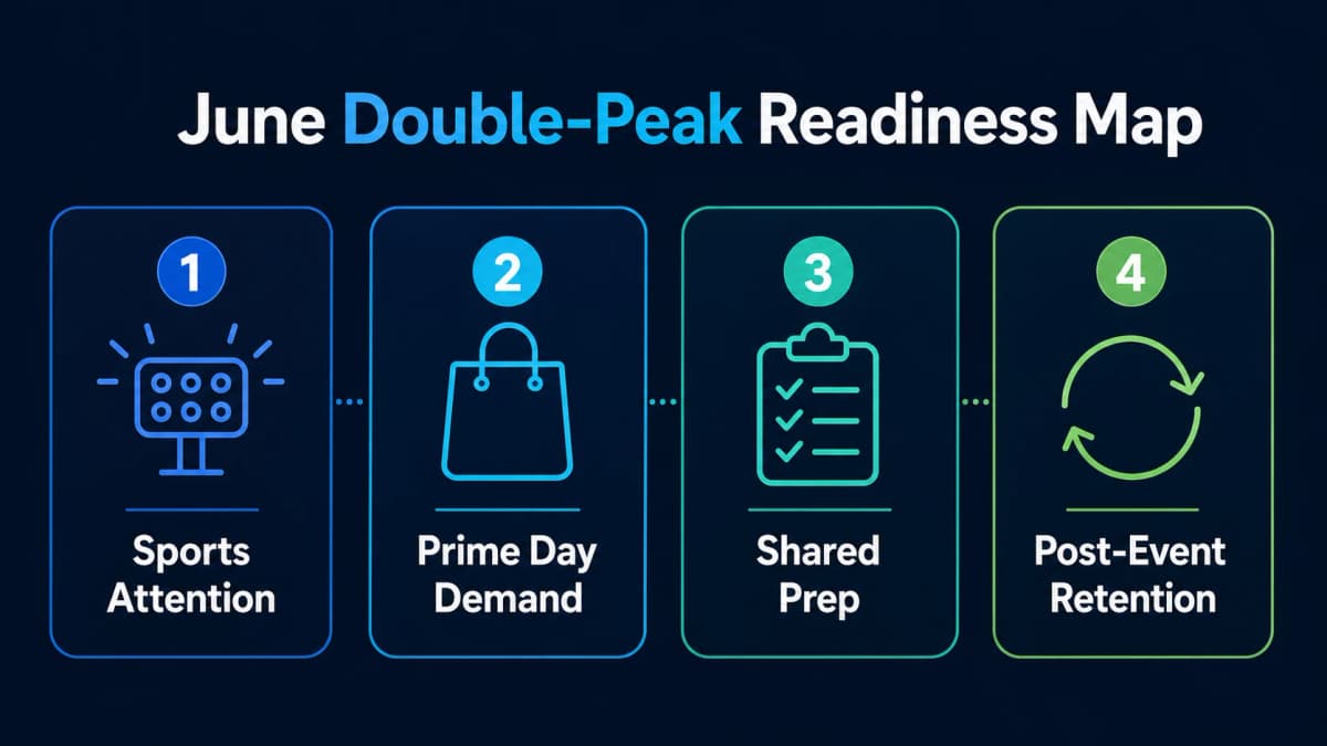 June double-peak readiness map showing sports attention, Prime Day demand, shared prep, and post-event retention