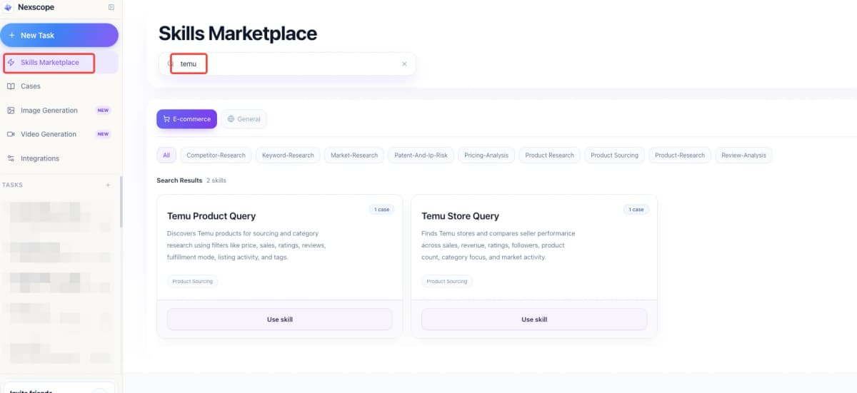 Nexscope Skills Marketplace showing Temu Product Query and Temu Store Query skills for Temu data research