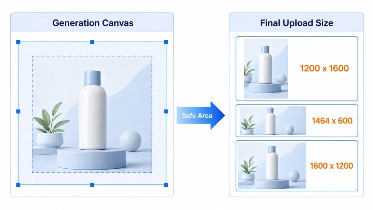 AI product image size handling diagram separating generation canvas from final Amazon upload sizes