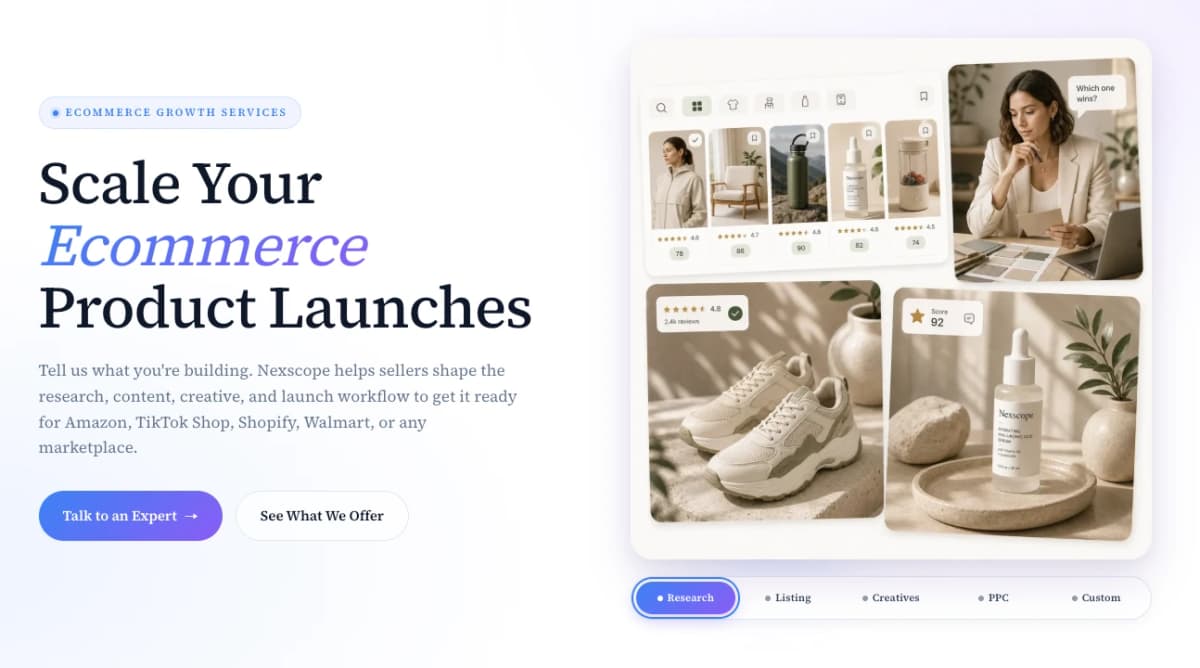 Nexscope E-commerce Growth Services website screenshot showing ecommerce product launch support for marketplace sellers