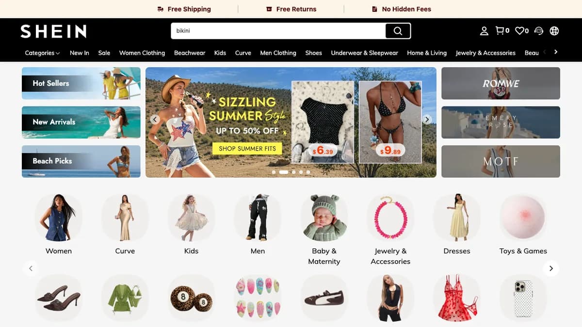 SHEIN official website screenshot showing fashion categories, summer sale modules, and product discovery navigation