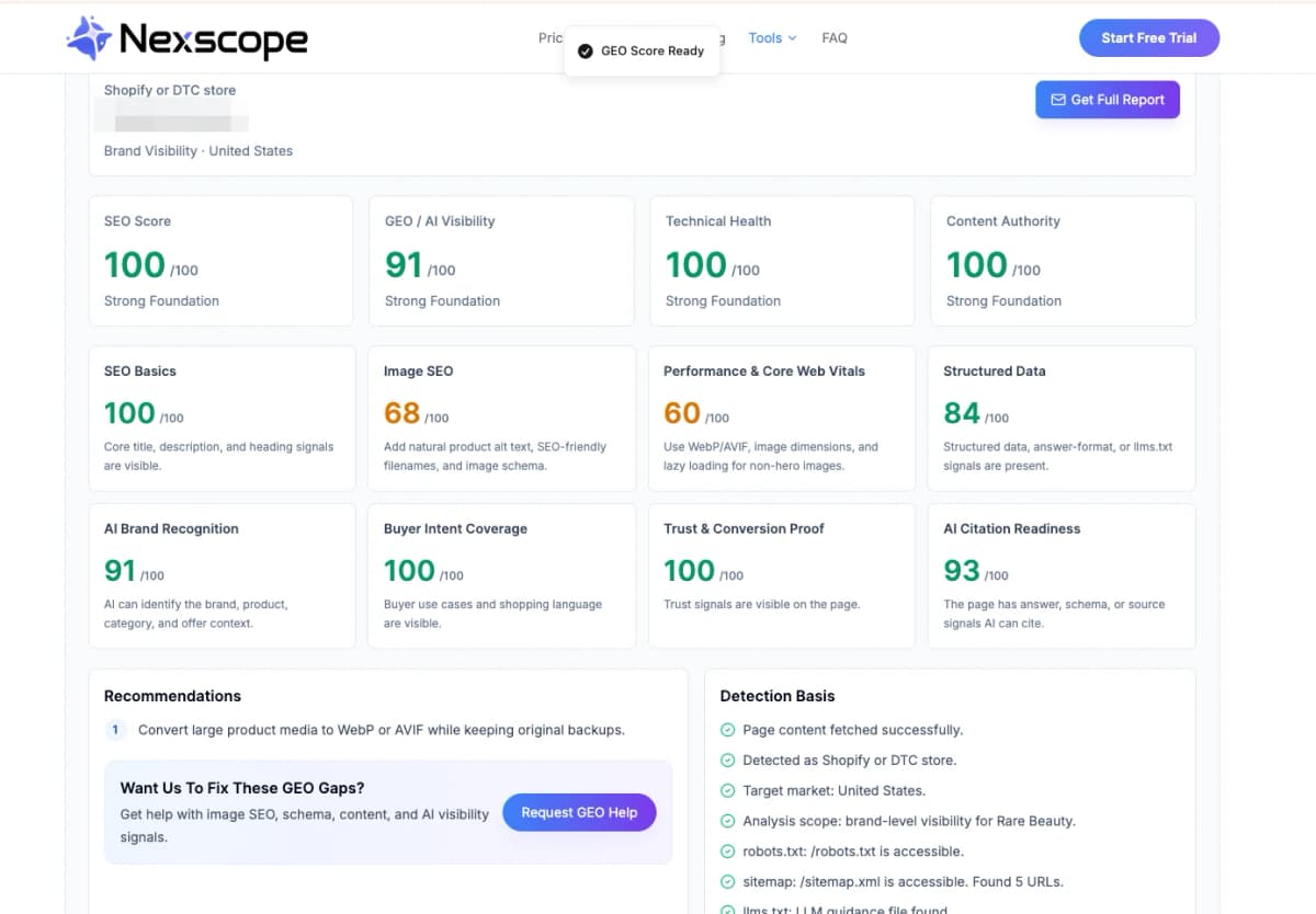 Nexscope GEO Check report showing SEO GEO technical health content authority and AI citation readiness scores