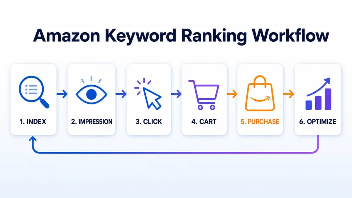 Amazon keyword ranking workflow from indexing to impressions clicks purchases and optimization