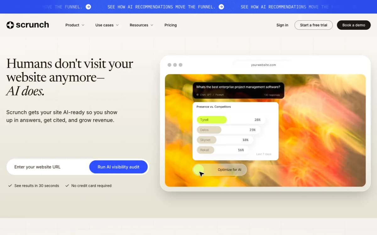 Scrunch AI search visibility homepage showing agent ready website optimization and AI answer tracking
