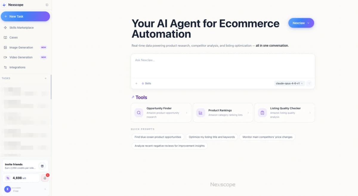 Nexscope AI Agent organizing ecommerce competitor research, review analysis, and pricing signals