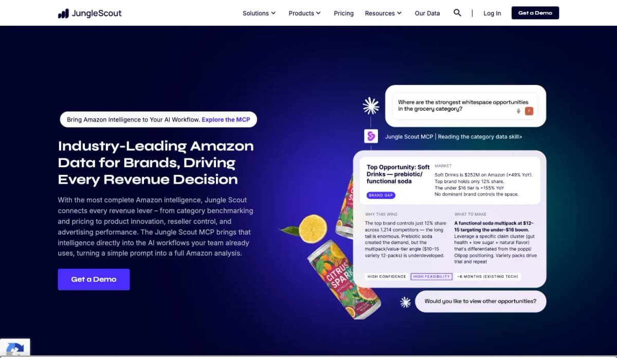 Official Jungle Scout homepage showing Amazon intelligence and seller data tools