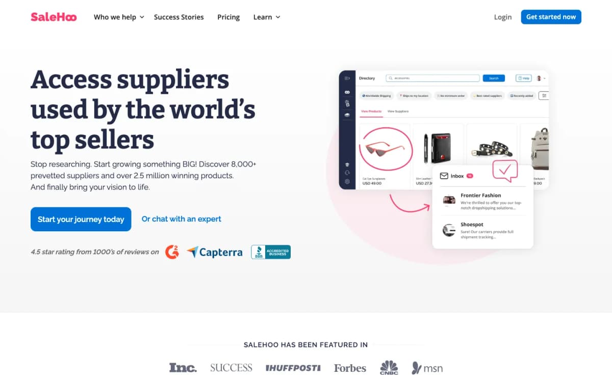 Official SaleHoo homepage showing vetted suppliers and product discovery tools