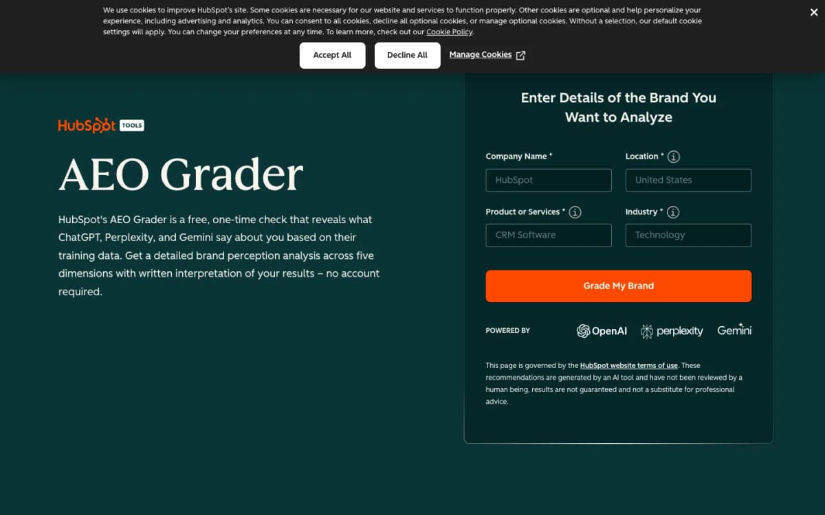 HubSpot AEO Grader page for checking brand visibility across ChatGPT Perplexity and Gemini