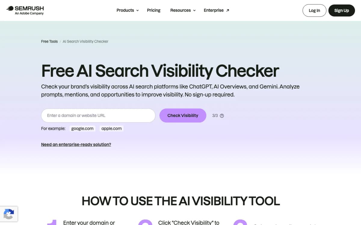 Semrush AI Search Visibility Checker page for brand visibility and competitor analysis in AI answers