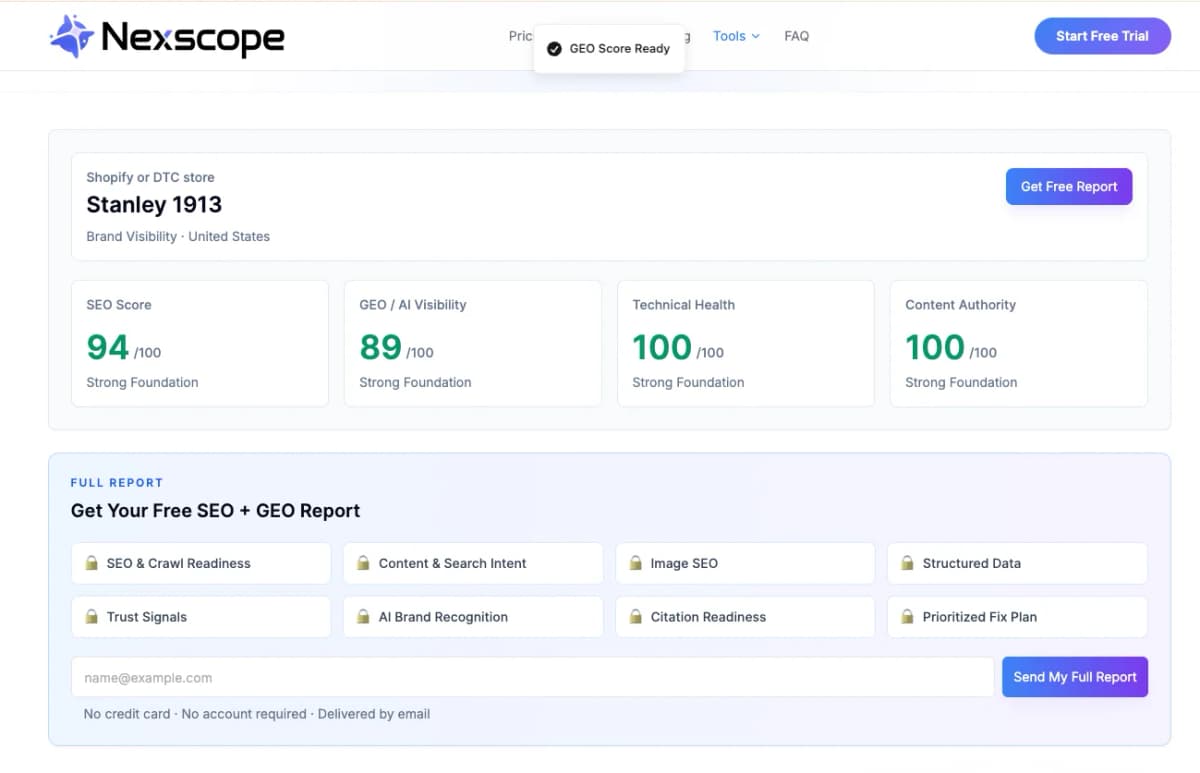 Sample Nexscope GEO report showing SEO, AI visibility, technical health, authority, and prioritized audit areas