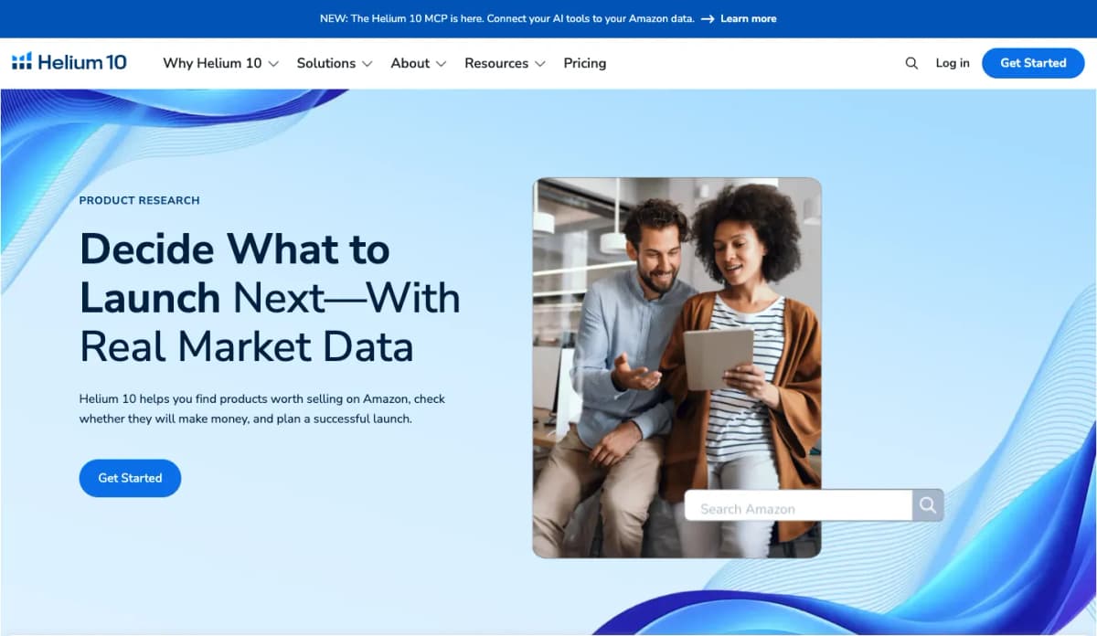 Official Helium 10 product research page showing Amazon market data workflows