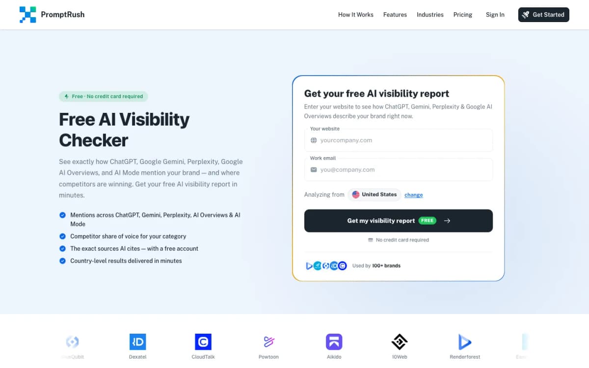 PromptRush AI Visibility Checker page showing free brand visibility reports across major AI engines